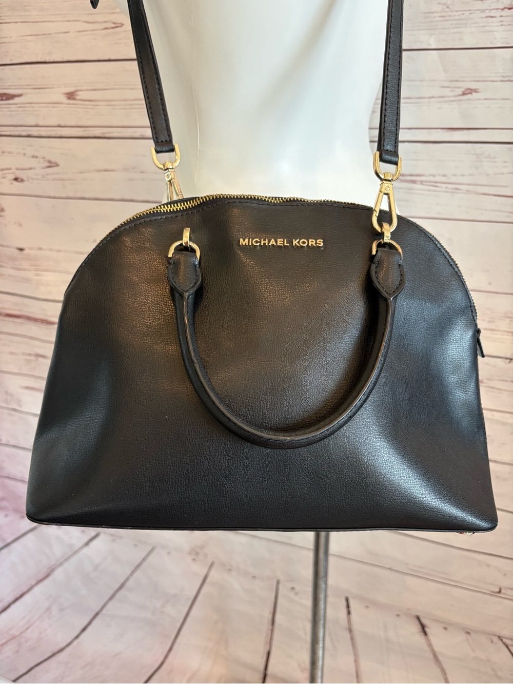Michael Kors Emmy Large Dome Satchel Purse Handbag Black Gold Hardware